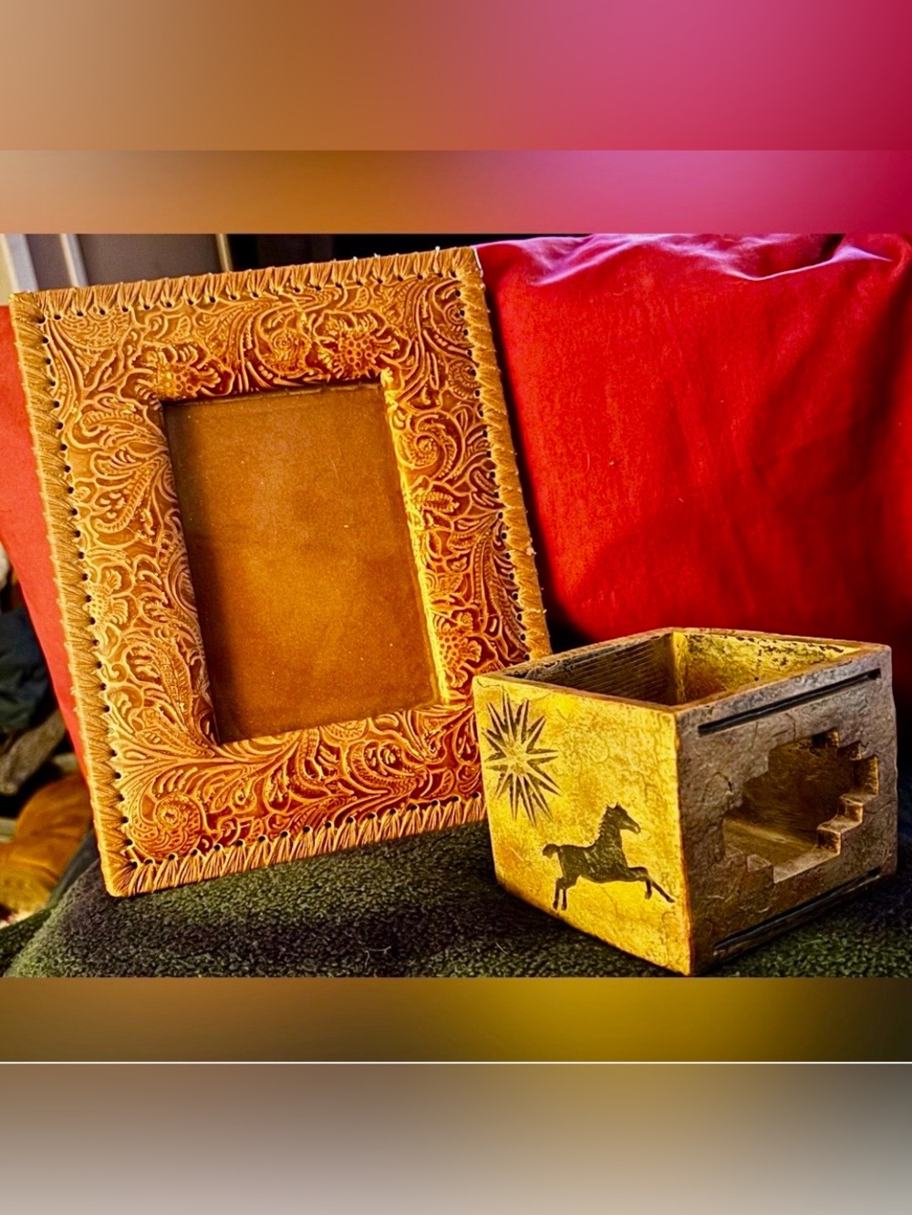 Gorgeous Western Leather Frame with Resin Candle Holder